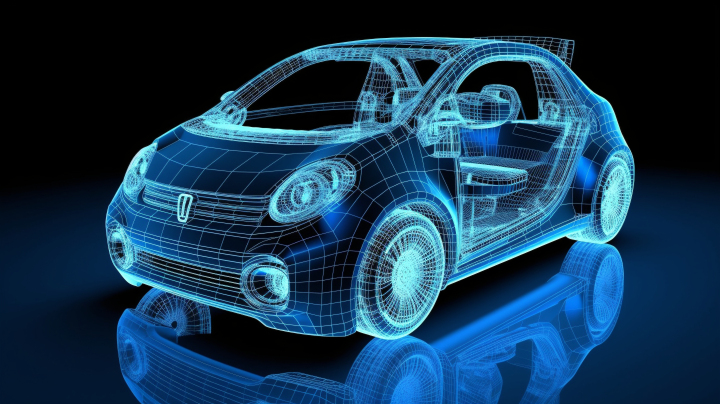 蓝白色电动汽车透视X光结构图摄影版权图片下载