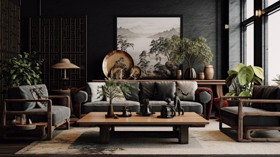 自然风格的黑色家具和木质桌子的客厅摄影图片