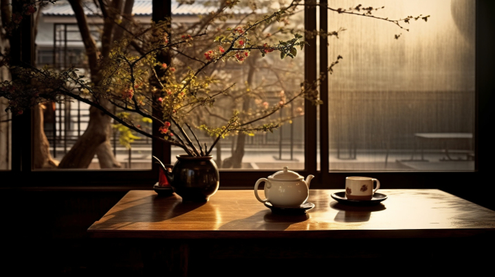 禅境之美木质茶几与绿意盎然的花卉对比摄影版权图片下载