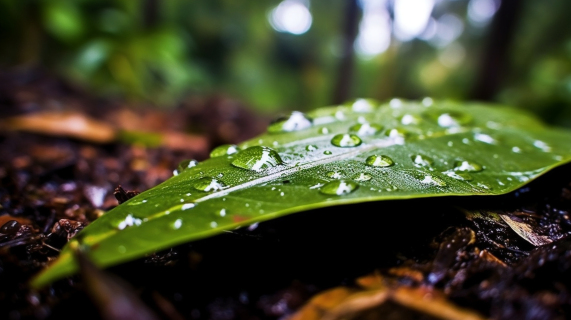 雨滴洒落在绿叶上的照片摄影图