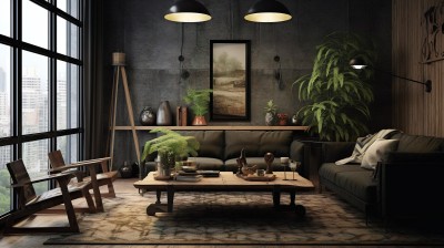 自然灵感日式黑色家具和木质桌的摄影图片