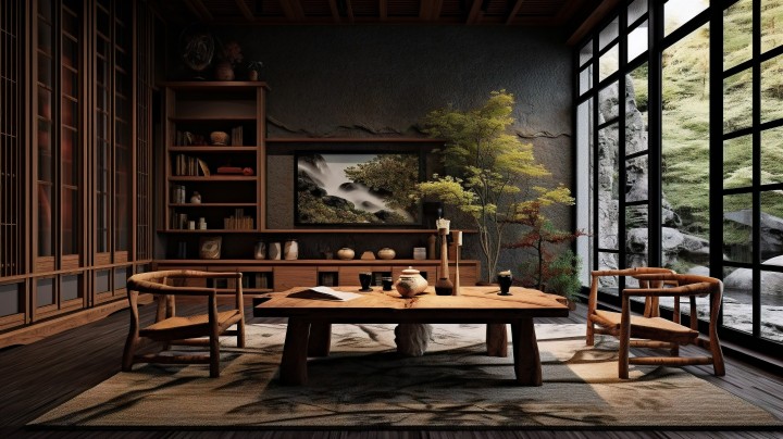自然灵感木质桌搭配黑色家具的摄影版权图片下载