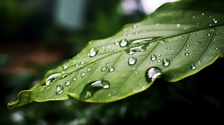 雨滴洒在树叶上的照片摄影图