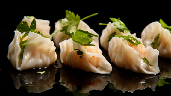 传世美食鲜虾香蒸三角饺子摄影图