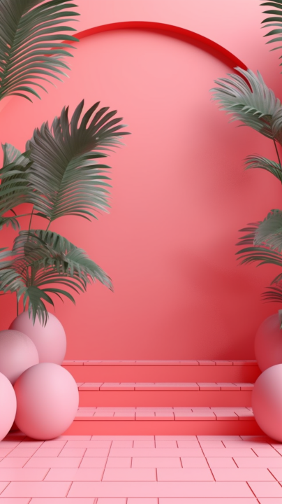 粉色抽象背景中的热带植物版权图片下载