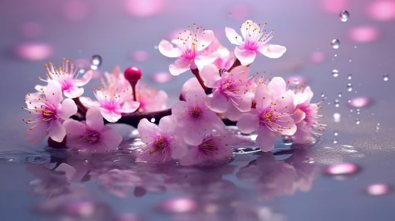 柔美花漾：水中带露珠的绚丽粉色樱花摄影图