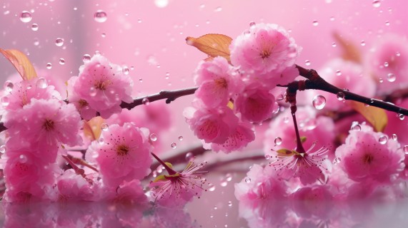 柔和焦点，粉色樱花水中滴落的摄影图