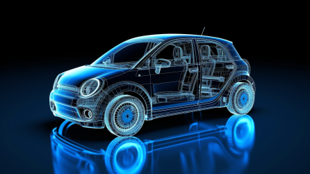 智能路上行驶的蓝白电动车X光结构图摄影图片