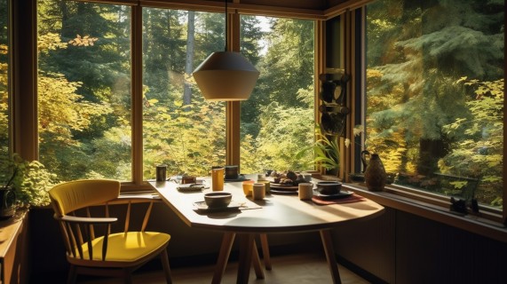 厨房旁的日式风景窗桌摄影图片
