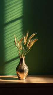 恬静绿房间中的古银花瓶与麦穗