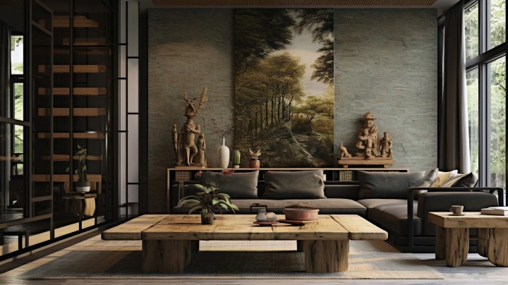自然灵感下的黑色家具与木质桌子的日式摄影版权图片下载