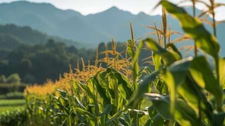 农田景观山脉旁的玉米植物摄影图