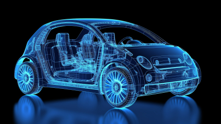 智能道路上行驶的蓝白色C4D电动车X光结构图摄影图片