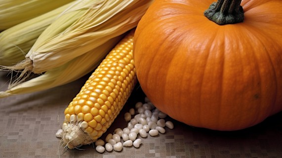 秋季丰收南瓜与玉米摄影图片