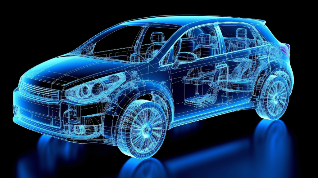 智能公路上行驶的蓝白色汽车摄影图