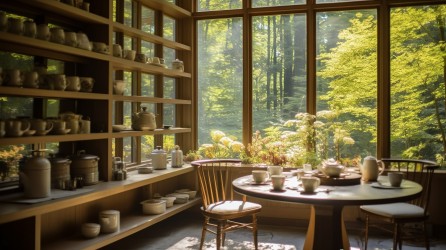 日式风景窗台餐桌摄影图片