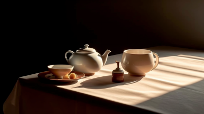 光影中的茶具和勺子摄影图片