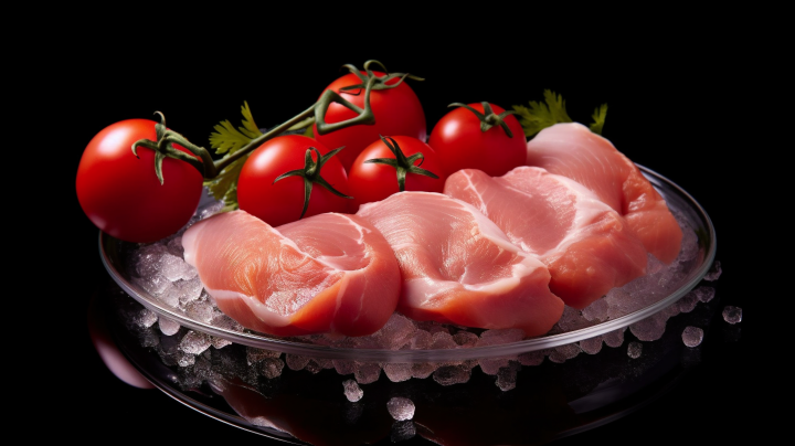 鲜嫩多汁的新鲜番茄搭配鸡肉的摄影版权图片下载