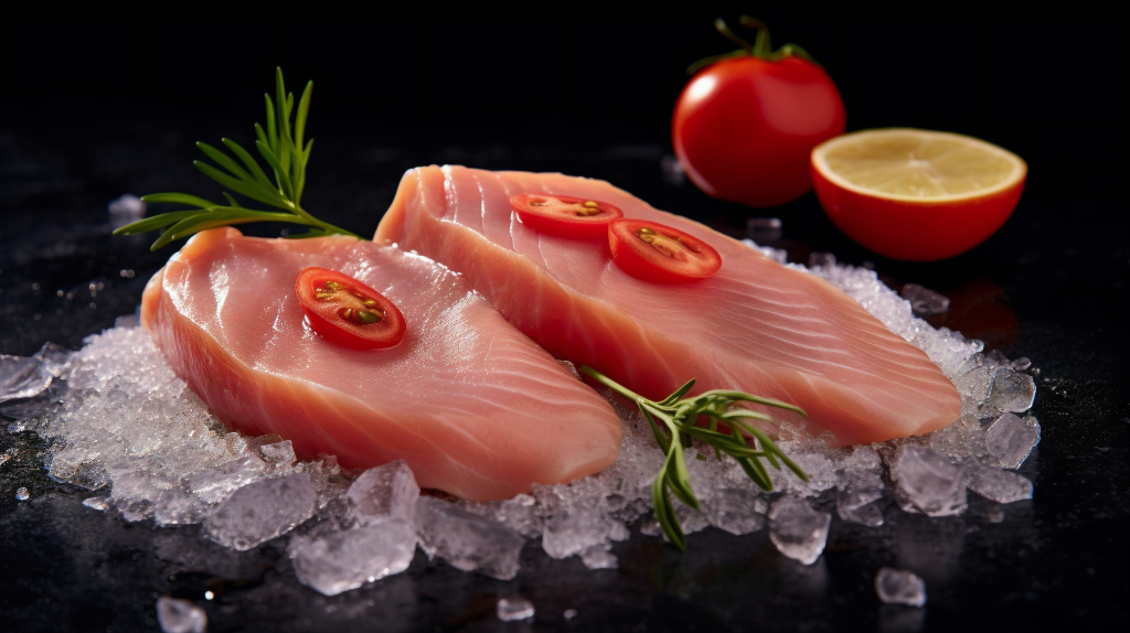 冰上鲜嫩的两片鸡肉配新鲜番茄的摄影版权图片下载