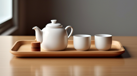 简约风格木制茶盘白色茶壶和陶罐摆放在桌子上的摄影图片