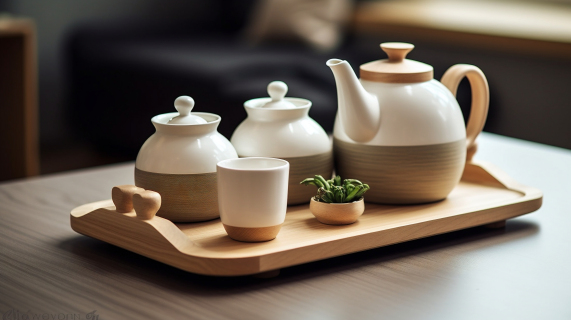 原木茶盘白色茶壶和罐在桌子上的极简主义风格摄影图片