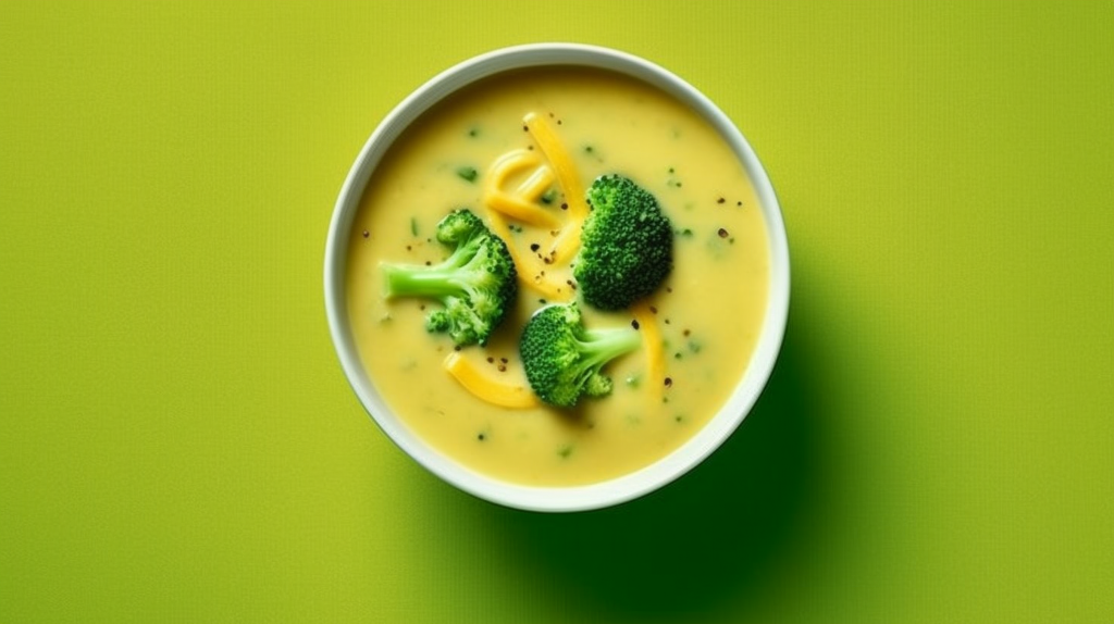俯视角度捕捉的花椰菜奶酪汤摄影图片