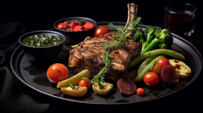 新鲜蔬菜搭配烤牛排香气扑鼻摄影图片