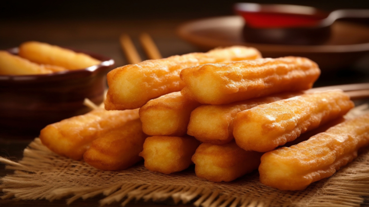 金黄美味新鲜炸制的中国油条摄影版权图片下载