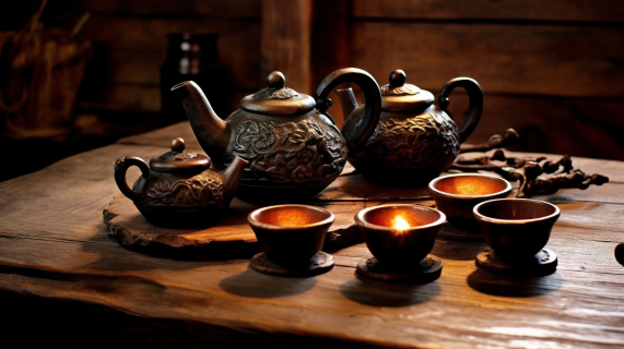 有机石雕风格的木质桌上黑茶壶和杯子摄影图片