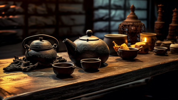 石雕风格的木质桌面上的黑色茶壶和茶杯摄影图片