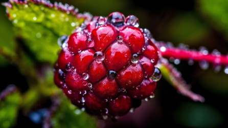 清晨露珠滴在鲜艳浆果上的宏观摄影图片
