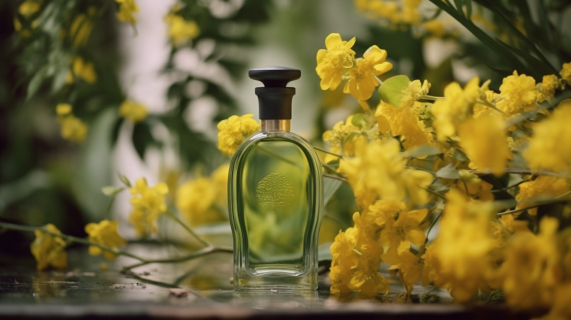 黄花旁的香水瓶光影交织摄影图片
