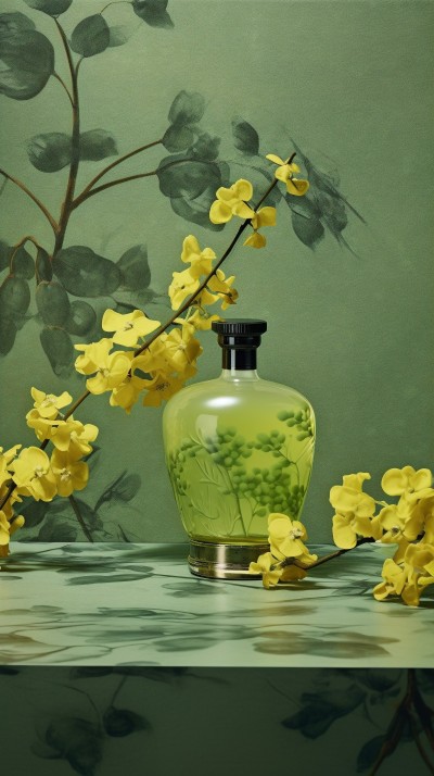 香水瓶和小黄花典雅静谧摄影图