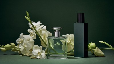 梦幻碧绿与浅黑香水和花卉的摄影图片