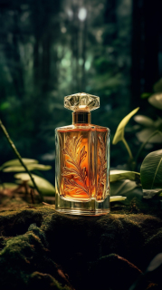 绿色森林背景橙色香水摄影图