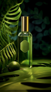 绿色背景中的香水简约风摄影图