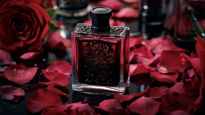 黑色渐变方形香水瓶和玫瑰花瓣摄影图片