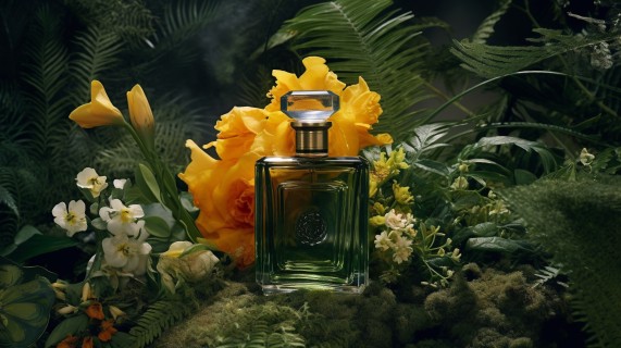 绿色植物背景下的浅黑香水摄影图片
