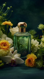 梦幻绿黑香水与花卉的摄影图