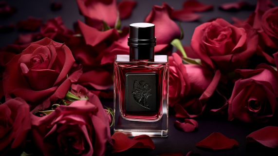 深红色香水和玫瑰花瓣唯美摄影图片