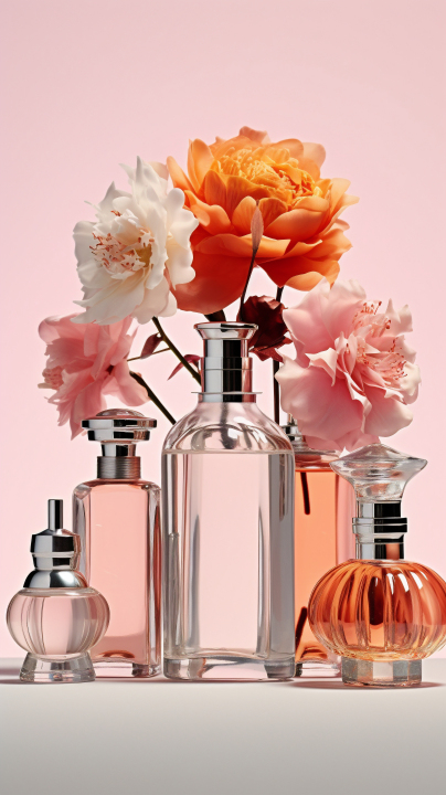 清雅银灰风格的香水瓶和花朵摄影版权图片下载