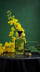 巴黎风情黄花旁的香水摄影图片