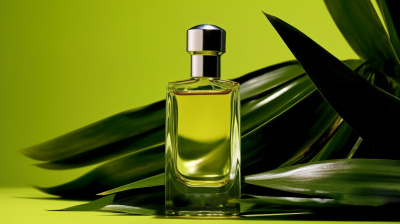 翠绿背景中的香水瓶小清新风格摄影