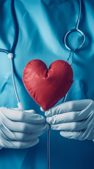 手拿红色爱心的护士摄影图片