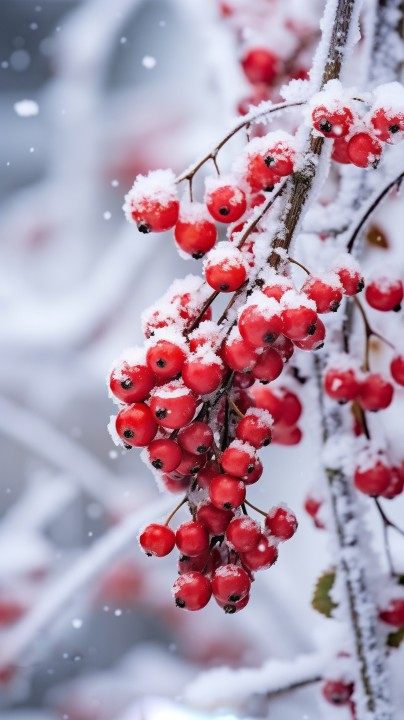 冬日大雪中的红色浆果摄影版权图片下载