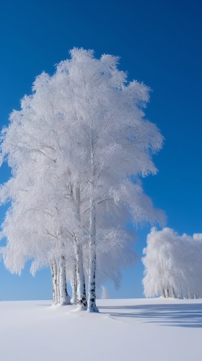 清澈蓝天下的大树雪景摄影图版权图片下载