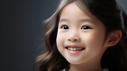 亚洲8岁女孩侧面微笑摄影图
