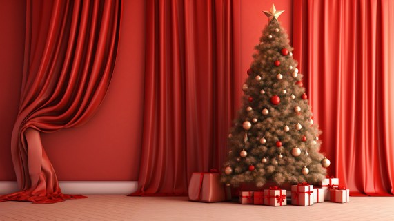 红幕上的圣诞树和礼物摄影图片