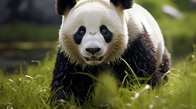 草地上走路的熊猫摄影图