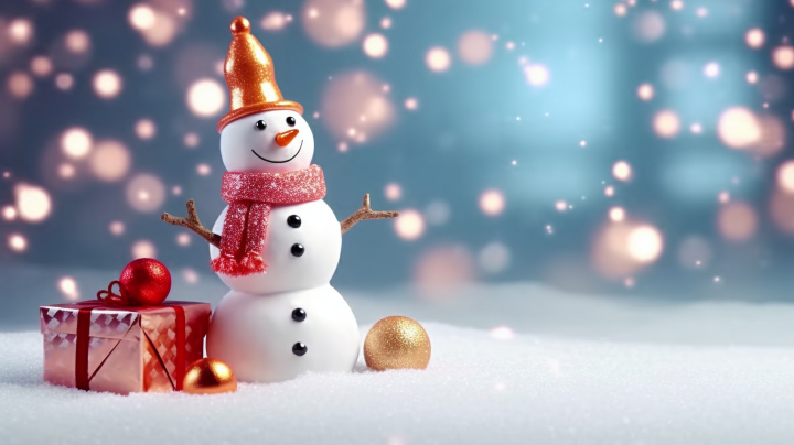 冬日闪闪发光背景中的雪人摄影版权图片下载